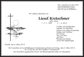 Traueranzeige von Liesel Kretschmer von Wetterauer Zeitung, Wetterauer Zeitung