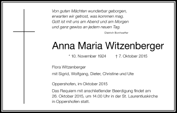 Traueranzeige von Anna Maria Witzenberger von Wetterauer Zeitung, Wetterauer Zeitung
