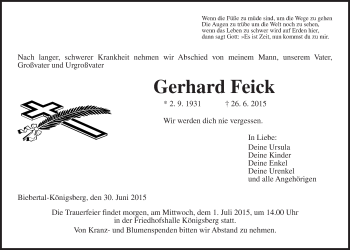 Traueranzeige von Gerhard Feick von Gießener Allgemeine, Alsfelder Allgemeine