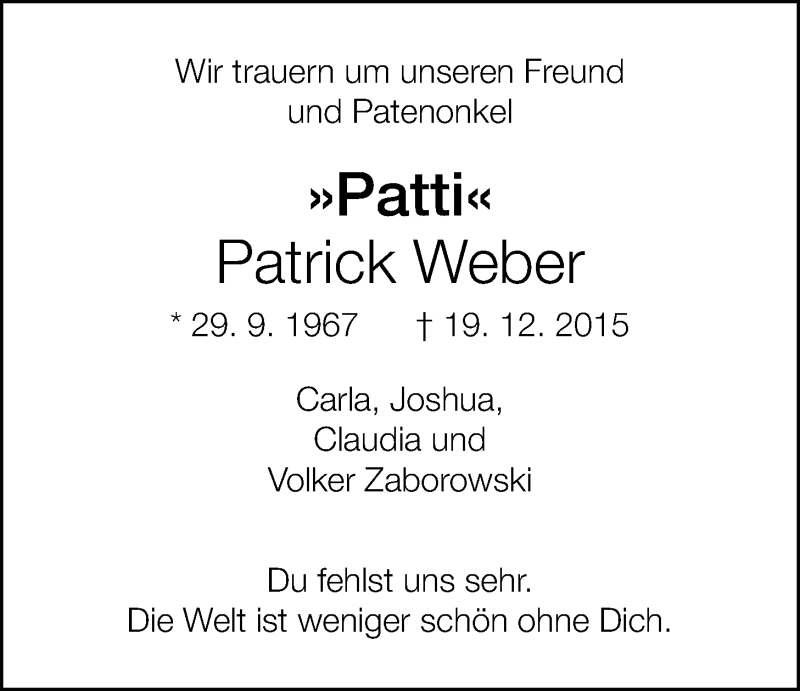  Traueranzeige für Patrick Weber vom 27.01.2016 aus 