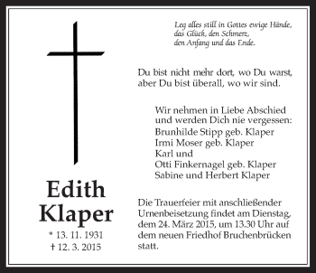 Traueranzeige von Edith Klaper von Wetterauer Zeitung, Wetterauer Zeitung