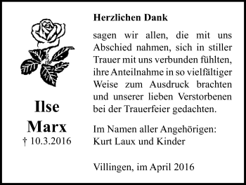 Traueranzeige von Ilse Marx von Licher Wochenblatt, Licher Wochenblatt, Licher Wochenblatt