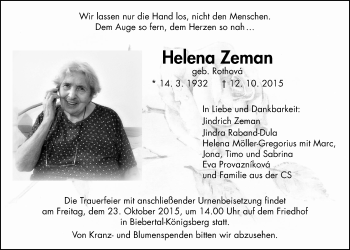 Traueranzeige von Helena Zeman von Gießener Allgemeine, Alsfelder Allgemeine