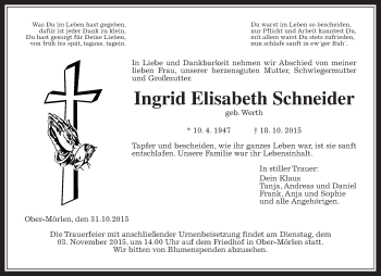 Traueranzeige von Ingrid Elisabeth Schneider von Wetterauer Zeitung, Wetterauer Zeitung