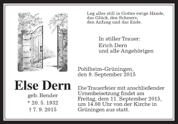 Traueranzeige von Else Dern von Gießener Allgemeine, Alsfelder Allgemeine