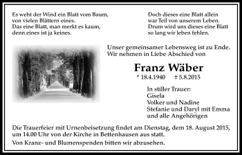 Traueranzeige von Franz Wäber von Licher Wochenblatt, Licher Wochenblatt, Licher Wochenblatt