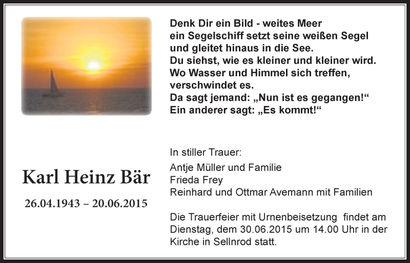  Traueranzeige für Karl Heinz Bär vom 27.06.2015 aus Alsfelder Allgemeine