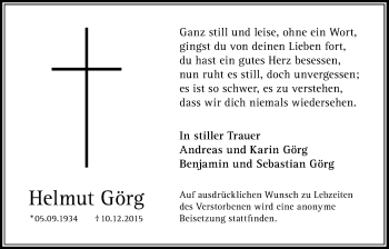 Traueranzeige von Helmut Görg von Wetterauer Zeitung, Wetterauer Zeitung