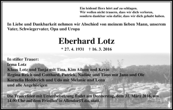 Traueranzeige von Eberhard Lotz von Gießener Allgemeine, Alsfelder Allgemeine