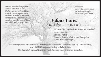 Traueranzeige von Edgar Lorei von Wetterauer Zeitung, Wetterauer Zeitung