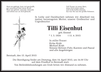 Traueranzeige von Tilli Eisenhut von Wetterauer Zeitung, Wetterauer Zeitung
