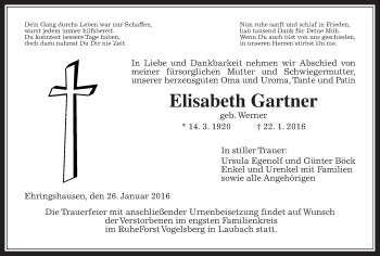 Traueranzeige von Elisabeth Gartner von Alsfelder Allgemeine