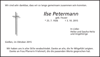 Traueranzeige von Ilse Petermann von Gießener Allgemeine, Alsfelder Allgemeine
