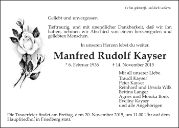 Traueranzeige von Manfred Rudolf Kayser von Wetterauer Zeitung, Wetterauer Zeitung