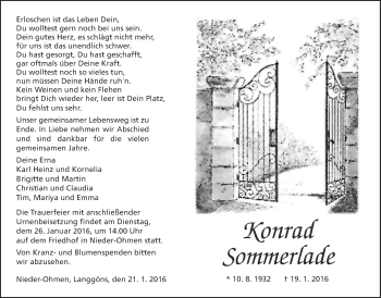 Traueranzeige von Konrad Sommerlade von Alsfelder Allgemeine