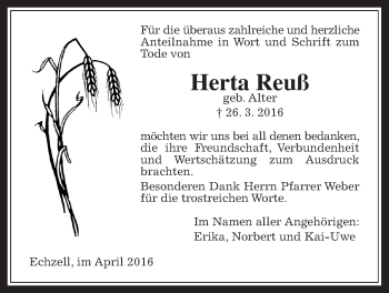 Traueranzeige von Herta Reuß von Wetterauer Zeitung, Wetterauer Zeitung