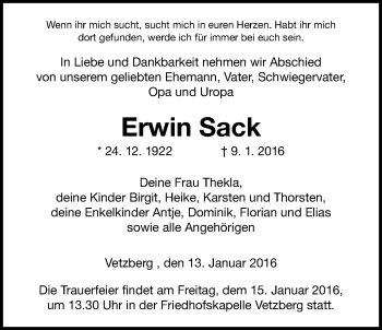 Traueranzeige von Erwin Sack von Gießener Allgemeine, Alsfelder Allgemeine