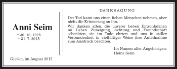 Traueranzeige von Anni Seim von Gießener Allgemeine, Alsfelder Allgemeine