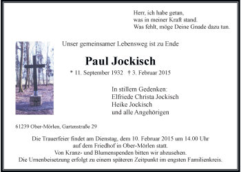 Traueranzeige von Paul Jockisch von Wetterauer Zeitung, Wetterauer Zeitung