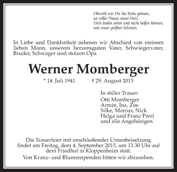 Traueranzeige von Werner Momberger von Wetterauer Zeitung