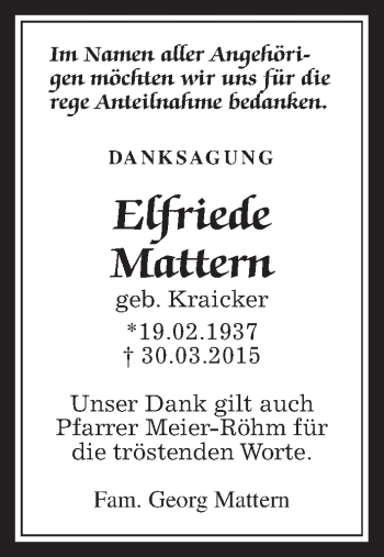 Traueranzeige von Elfriede Mattern von Wetterauer Zeitung, Wetterauer Zeitung