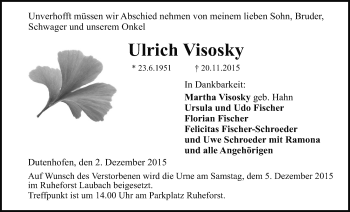 Traueranzeige von Ulrich Visosky von Gießener Allgemeine, Alsfelder Allgemeine