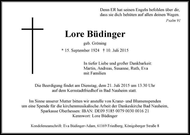  Traueranzeige für Lore Büdinger vom 18.07.2015 aus Wetterauer Zeitung, Wetterauer Zeitung