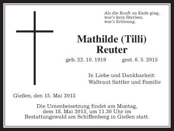 Traueranzeige von Mathilde Reuter von Gießener Allgemeine, Alsfelder Allgemeine