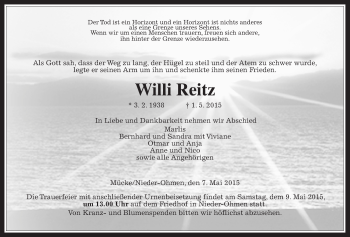 Traueranzeige von Willi Reitz von Gießener Allgemeine, Alsfelder Allgemeine