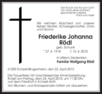 Traueranzeige von Friederike Johanna Rödl von Wetterauer Zeitung, Wetterauer Zeitung