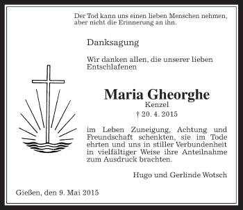 Traueranzeige von Maria Gheorghe von Gießener Allgemeine, Alsfelder Allgemeine