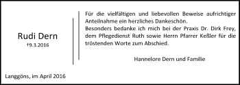 Traueranzeige von Rudi Dern von Gießener Allgemeine, Alsfelder Allgemeine
