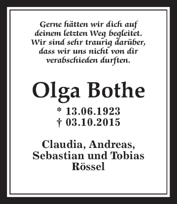 Traueranzeige von Olga Bothe von Wetterauer Zeitung, Wetterauer Zeitung