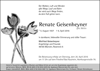 Traueranzeige von Renate Geisenheyner von Wetterauer Zeitung, Wetterauer Zeitung