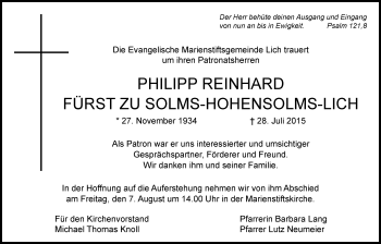 Traueranzeige von Philipp Reinhard Fürst zu Solms-Hohensolms-Lich von Licher Wochenblatt, Licher Wochenblatt, Licher Wochenblatt