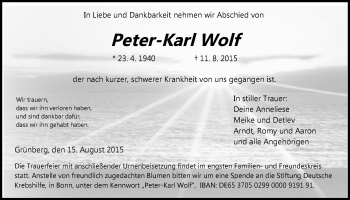 Traueranzeige von Peter-Karl Wolf von Gießener Allgemeine, Alsfelder Allgemeine