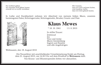 Traueranzeige von Klaus Mewes von Alsfelder Allgemeine