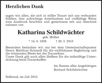 Traueranzeige von Katharina Schildwächter von Gießener Allgemeine, Alsfelder Allgemeine