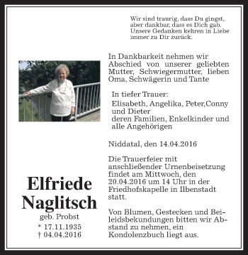 Traueranzeige von Elfriede Naglitsch von Wetterauer Zeitung, Wetterauer Zeitung