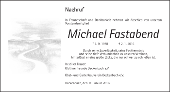 Traueranzeige von Michael Fastabend von Alsfelder Allgemeine