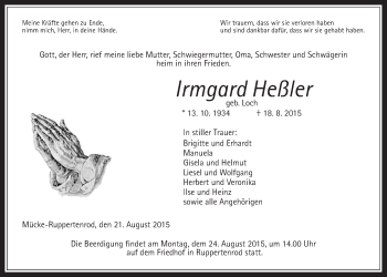 Traueranzeige von Irmgard Heßler von Gießener Allgemeine, Alsfelder Allgemeine