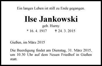 Traueranzeige von Ilse Jankowski von Gießener Allgemeine, Alsfelder Allgemeine