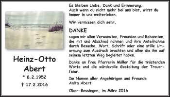 Traueranzeige von Heinz-Otto Abert von Licher Wochenblatt, Licher Wochenblatt, Licher Wochenblatt