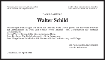 Traueranzeige von Walter Schild von Heimatzeitung Grünberg + Laubach, Laubacher Anzeiger
