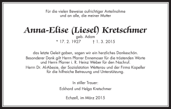 Traueranzeige von Anna-Elise Kretschmer von Wetterauer Zeitung, Wetterauer Zeitung