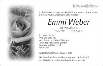 Traueranzeige von Emmi Weber von Gießener Allgemeine, Alsfelder Allgemeine