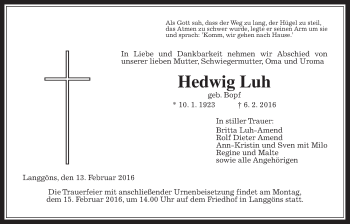 Traueranzeige von Hedwig Luh von Gießener Allgemeine, Alsfelder Allgemeine