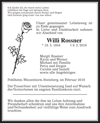 Traueranzeige von Willi Rossner von Gießener Allgemeine, Alsfelder Allgemeine, Pohlheimer Nachrichten
