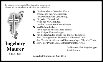 Traueranzeige von Ingeborg Maurer von Allendorfer Mitteilungen