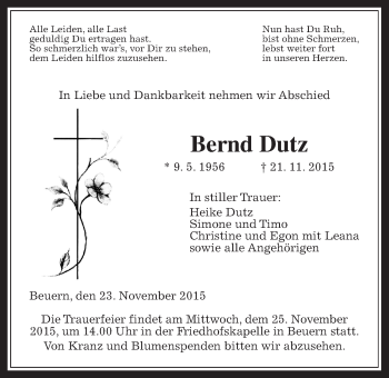 Traueranzeige von Bernd Dutz von Gießener Allgemeine, Alsfelder Allgemeine